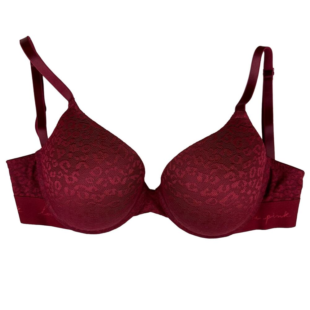 Victoria’s Secret Pink 34DD Wear Everywhere Underwire Push-up Lace Bra Bordeaux